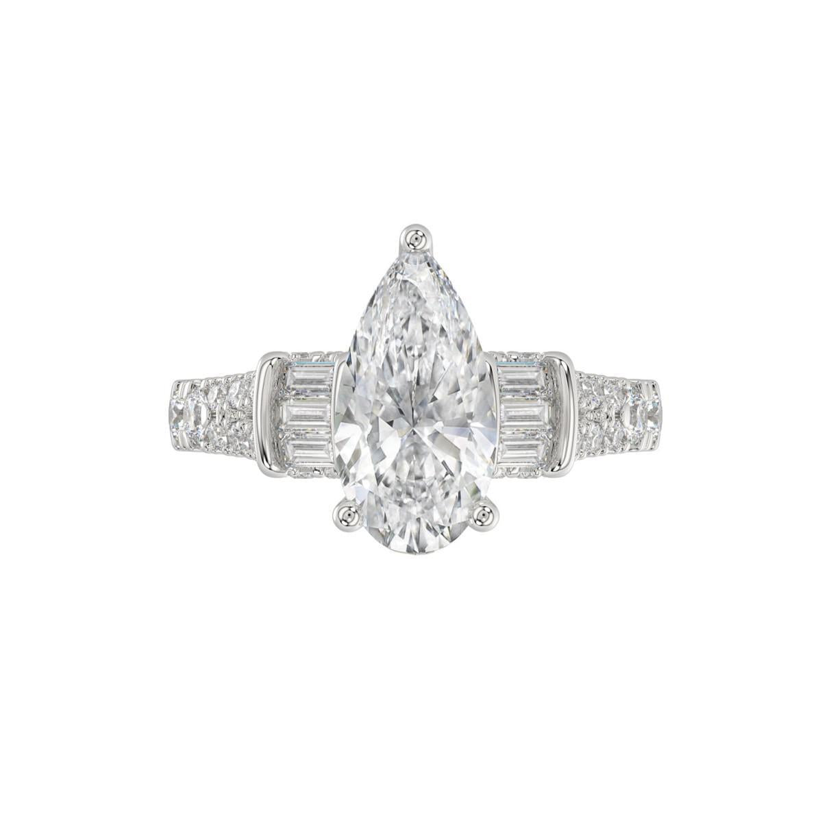 2.75 cttw Lab Grown Pear Baguette Diamond IGI Internal Stone Ring White Platinum