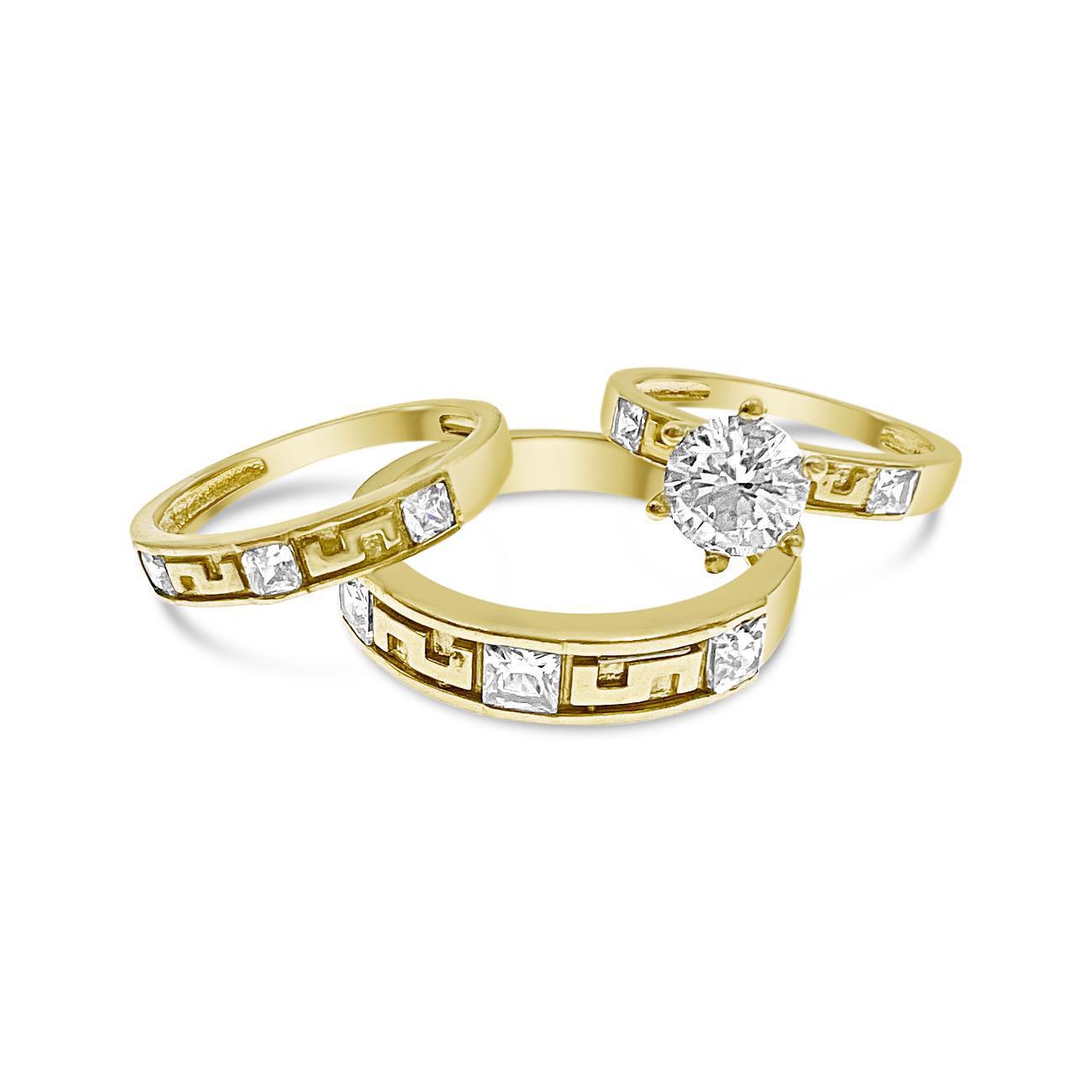 10k Yellow Gold Trio Wedding Ring Band Set His Her Bridal Engagement