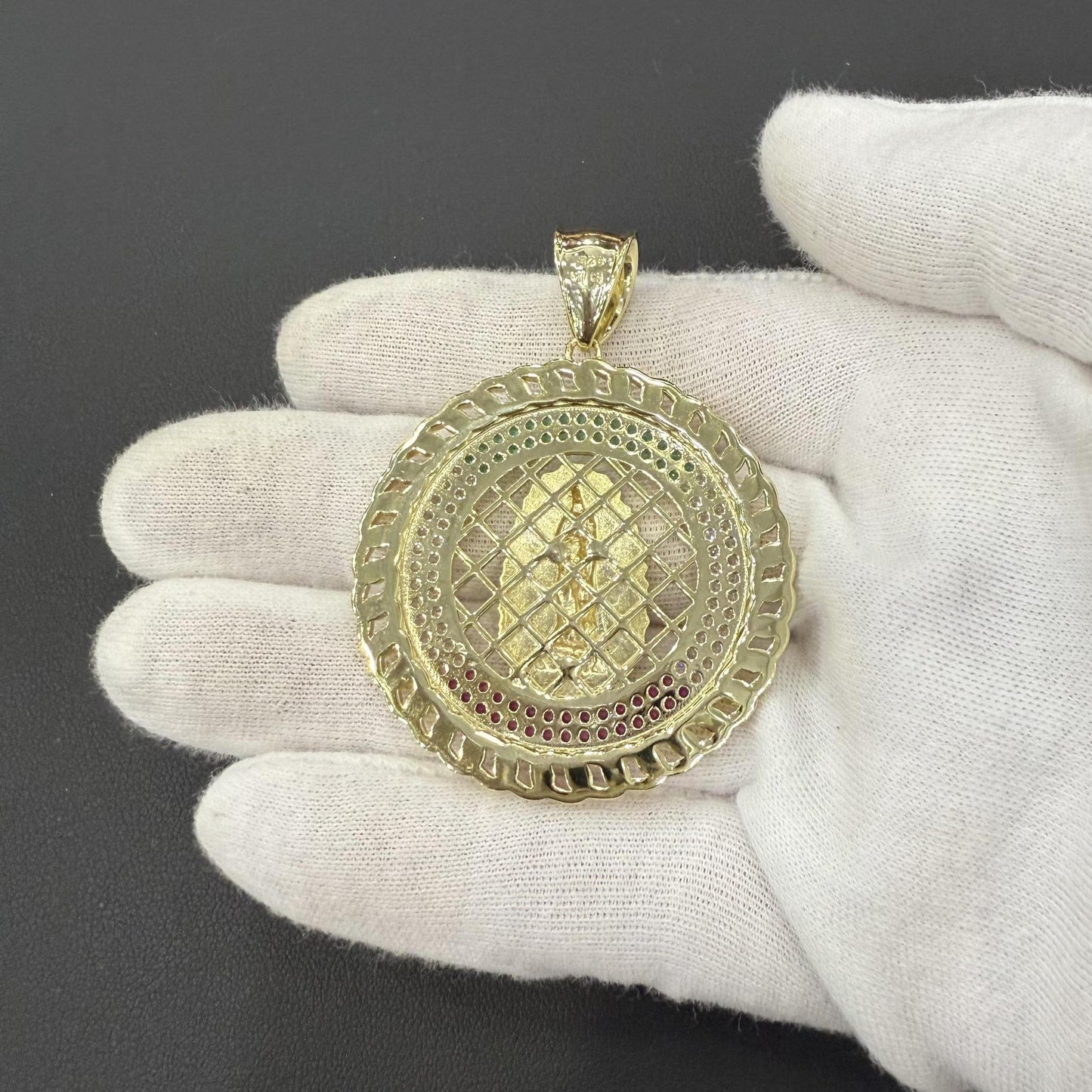 Virgin Mary Round Pendant Gold Plated 925 Sterling Silver CZ Charm 2.3 inch