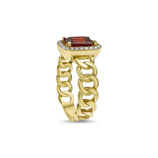 14K Yellow Gold Red Emerald Cut Halo Cuban Link Ring