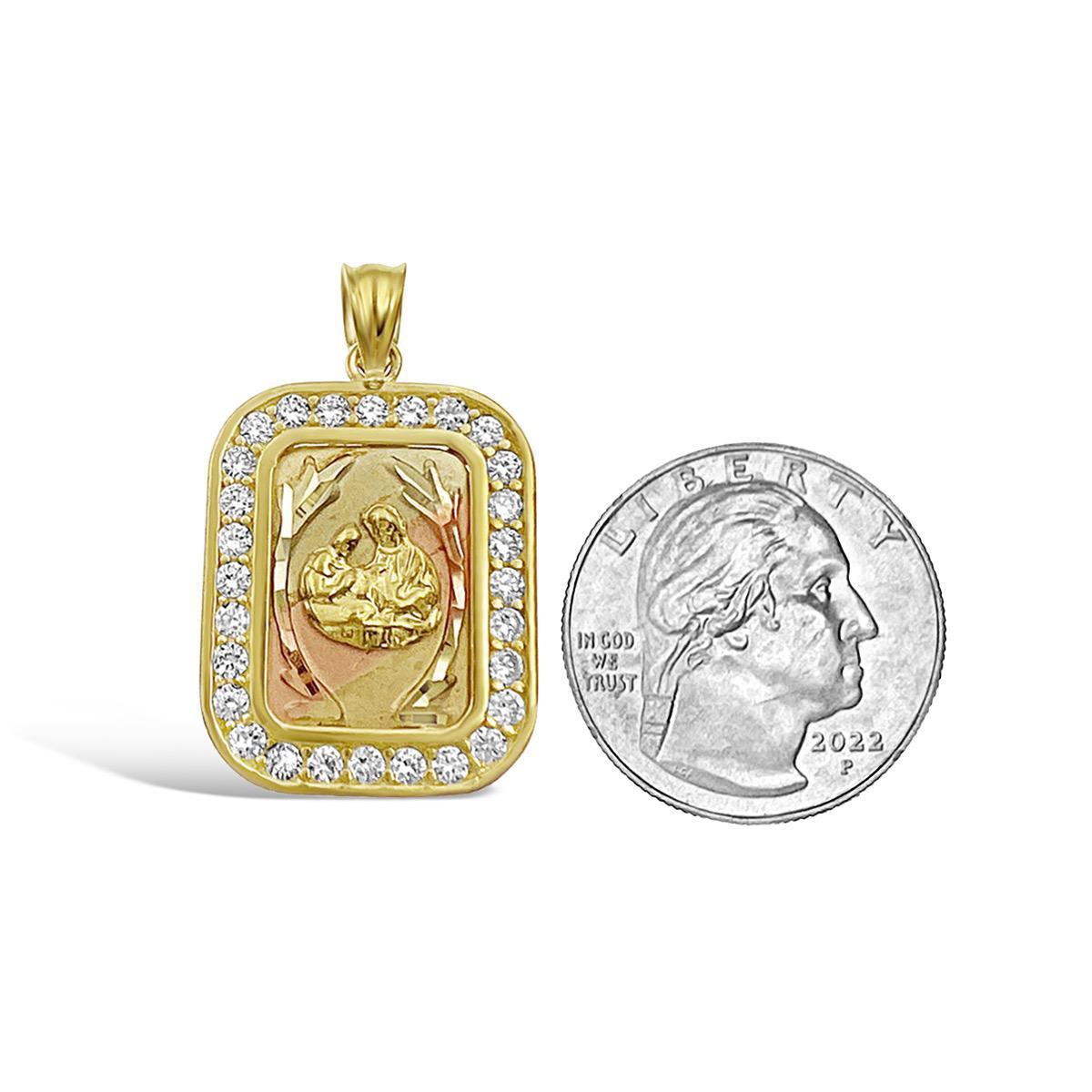 10k Tri Color Gold Holy Family Pendant CZ Border Religious Charm