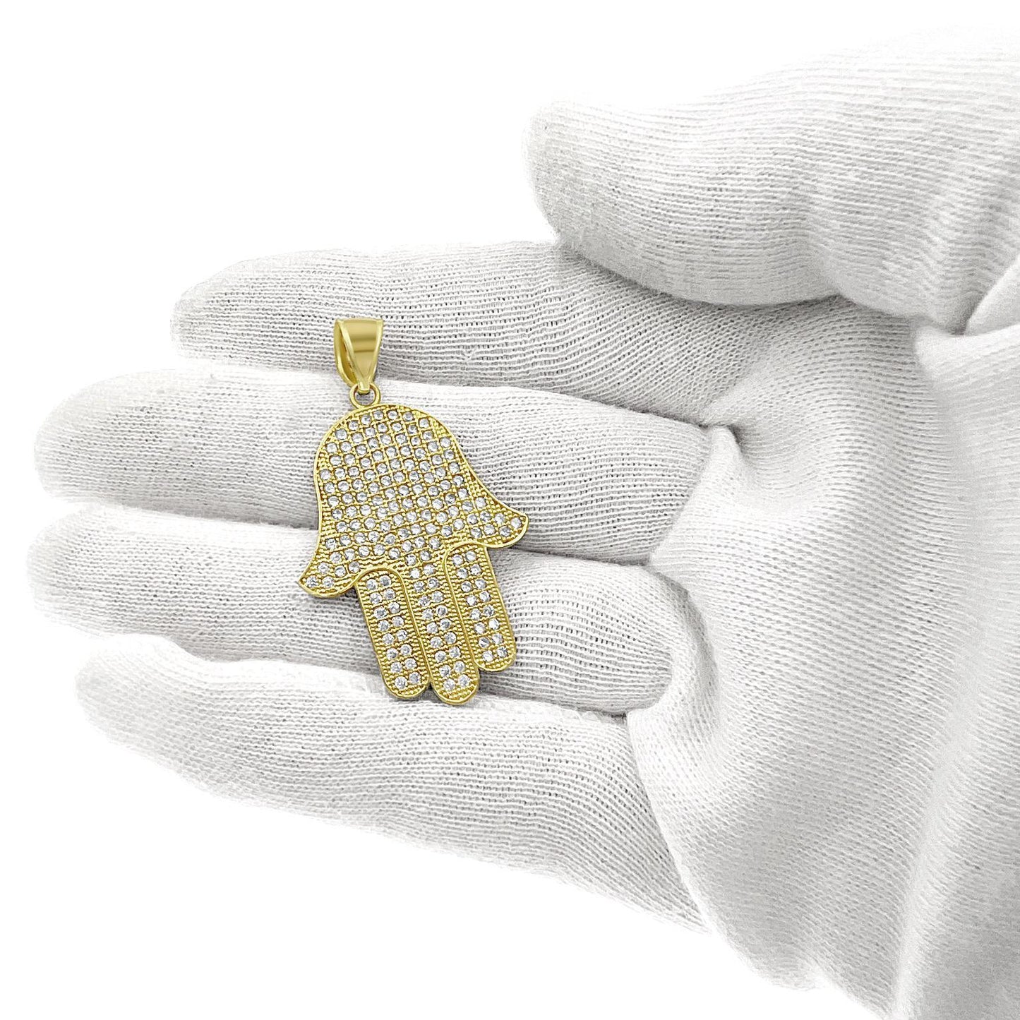 Hamsa Fatima Hand Pendant CZ Charm 10k Yellow Gold 1 inch