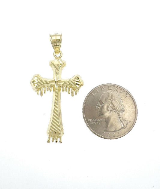 10k Gold Cross Drip Pendant Charm Diamond Cut 1.9"
