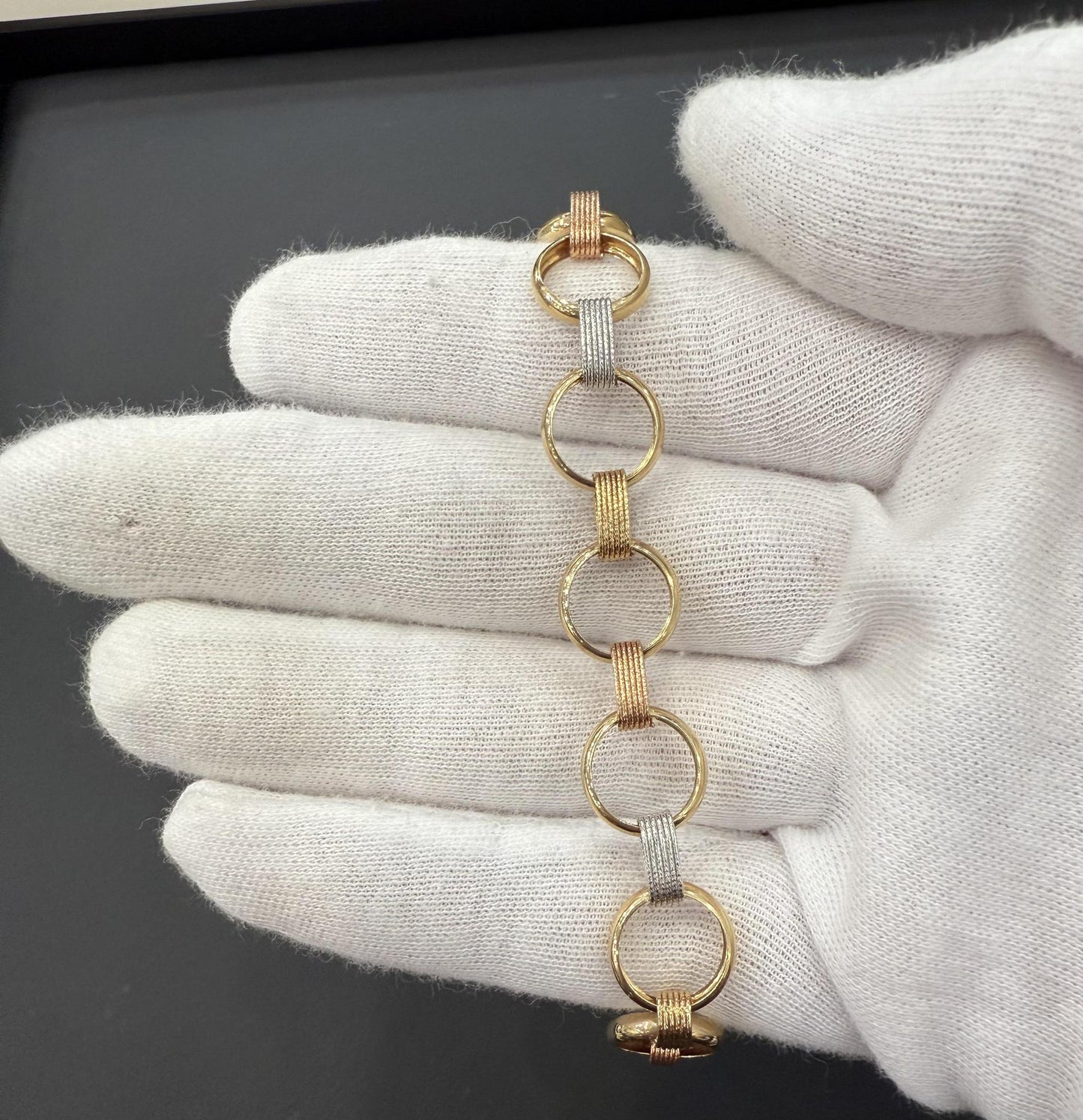 14K Tri-Color Gold Rolo Link Bracelet Women’s Yellow White Rose Gold Jewelry