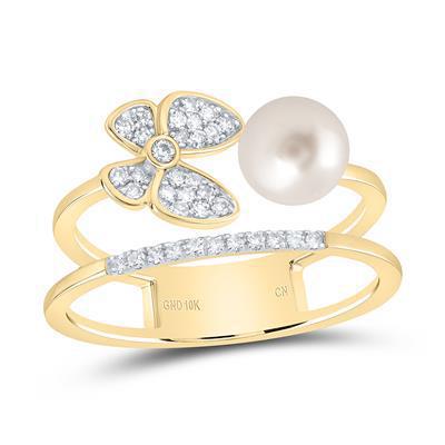 Natural Pearl 6mm & Diamond Butterfly Womens Ring 10k Yellow Gold