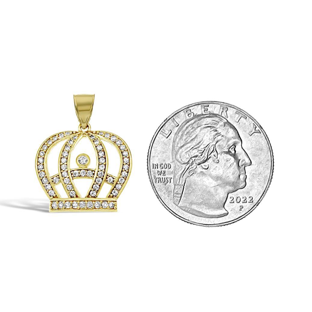 10K Yellow Gold Crown Pendant Charm CZ Iced Out 0.8 inch