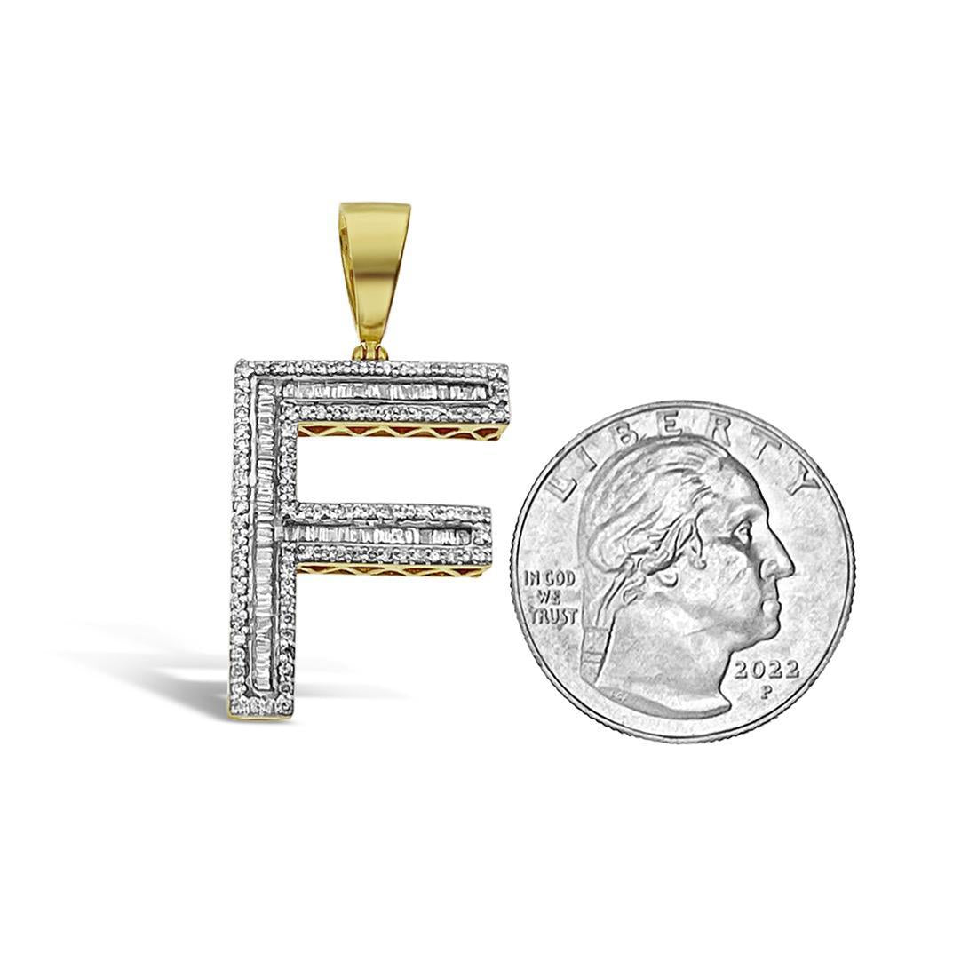 1.50 Cttw Baguette Round Diamond F Initial Letter Pendant 10k Yellow Gold Charm