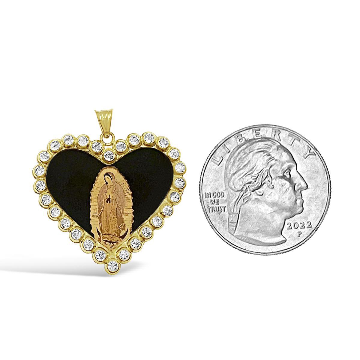 14k Yellow Gold Virgin Mary Pendant Lady Guadalupe Charm Heart 1.2"