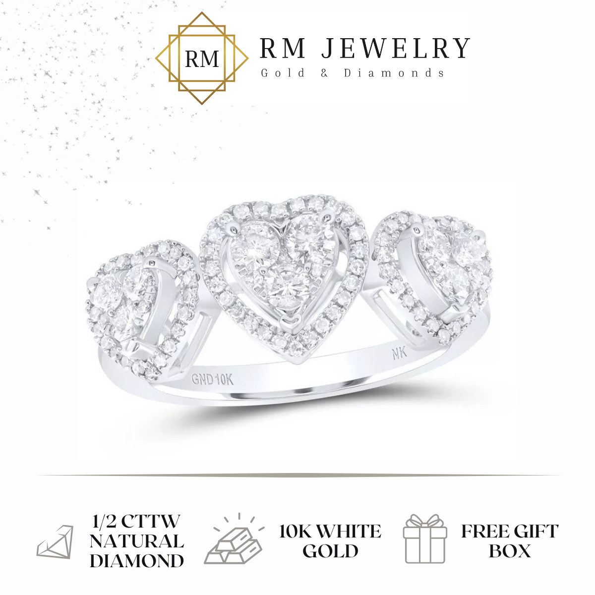 0.50ctw Round Diamond Three Hearts Band Ring 10k White Gold