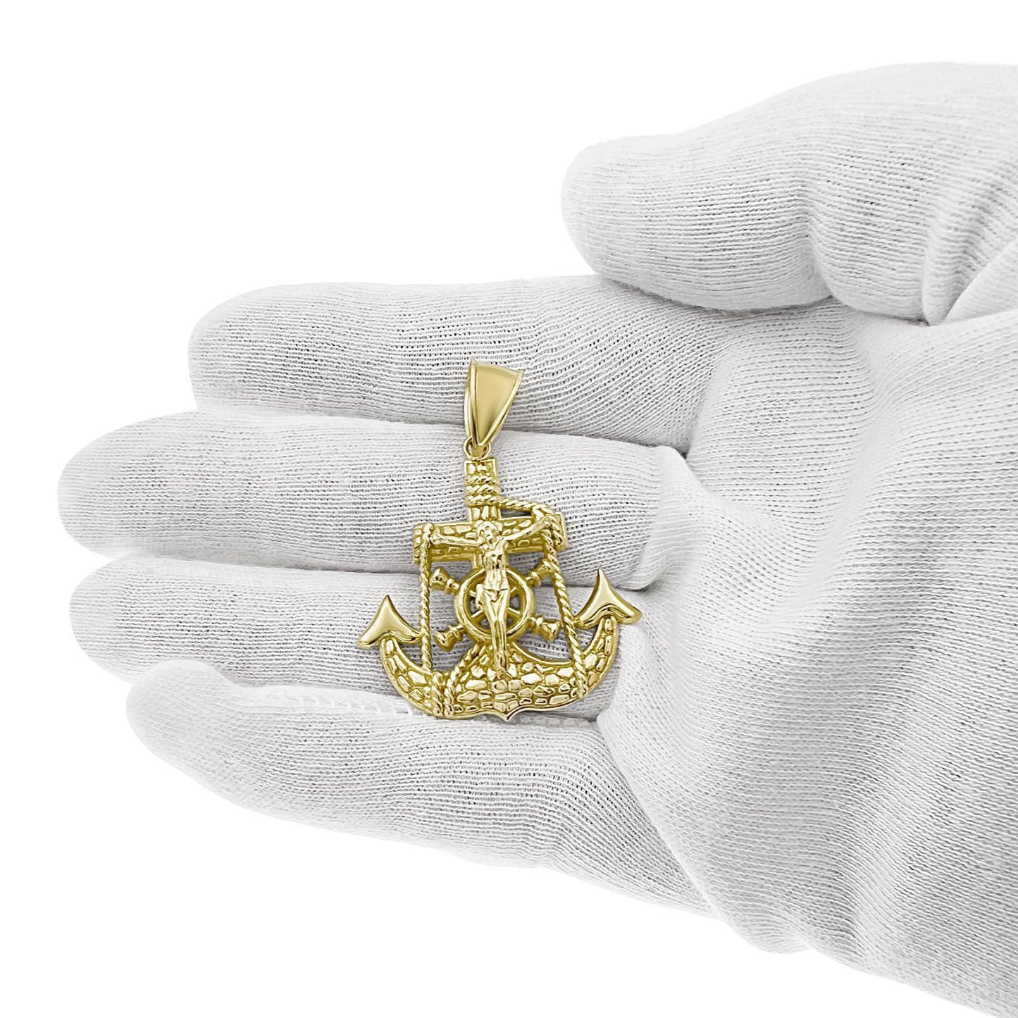 Jesus Crucifix Anchor Pendant Mens Charm 10k Yellow Gold 1.3 inch