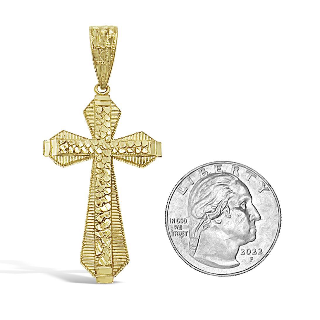 Cross Nugget Charm Mens Pendant Real 10k Yellow Gold 2.2 inch