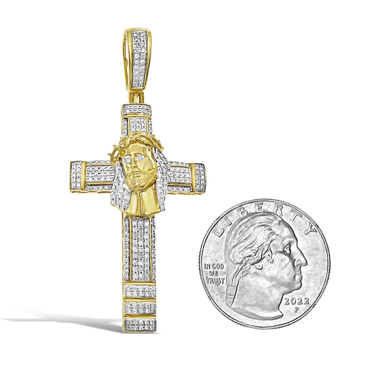 0.50 cttw Diamond Cross Jesus Head Pendant Mens Charm 10k Yellow Gold 2.2 inch