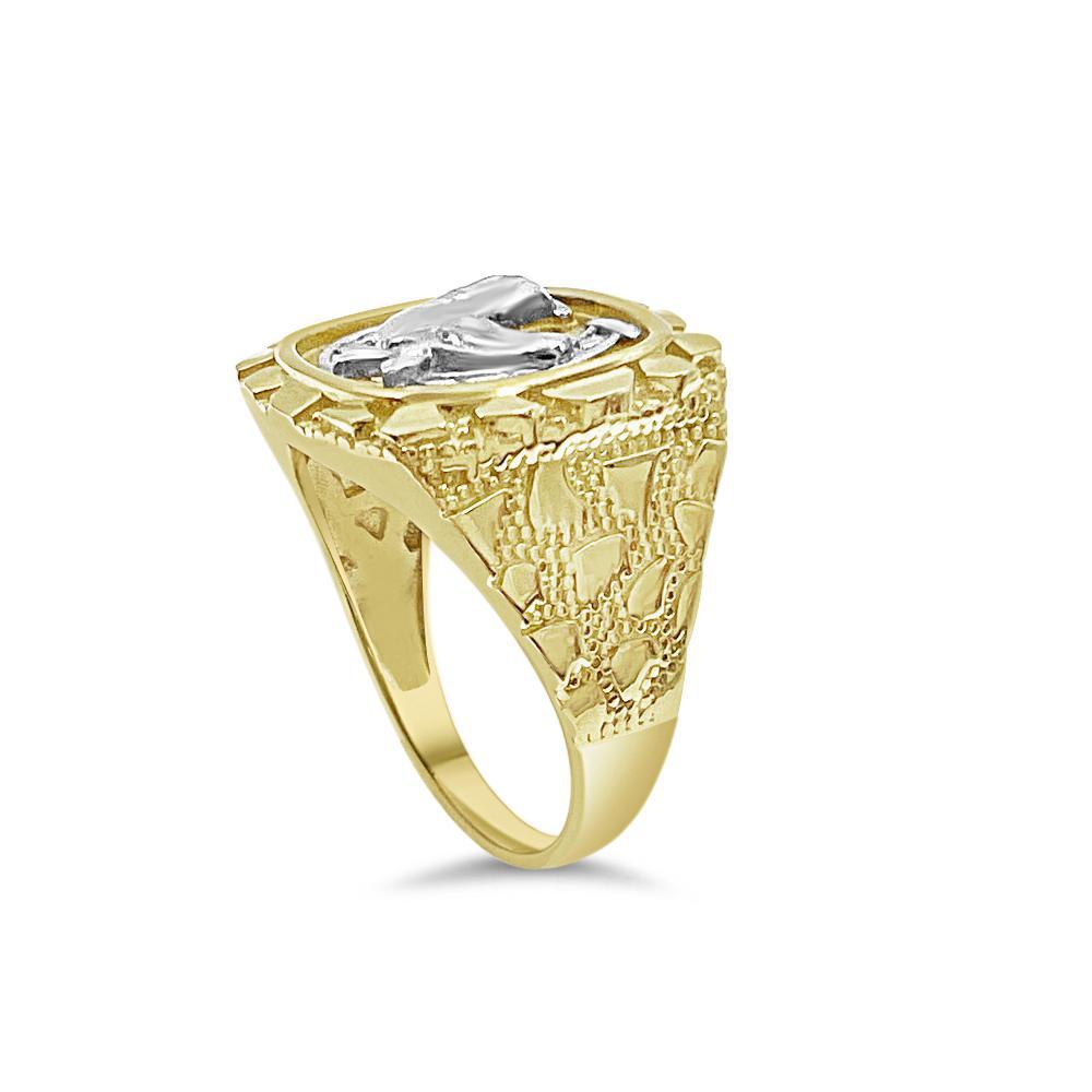 Lucky Horseshoe Horse Nugget Mens Signet Pinky Ring 10k Two Tone Gold