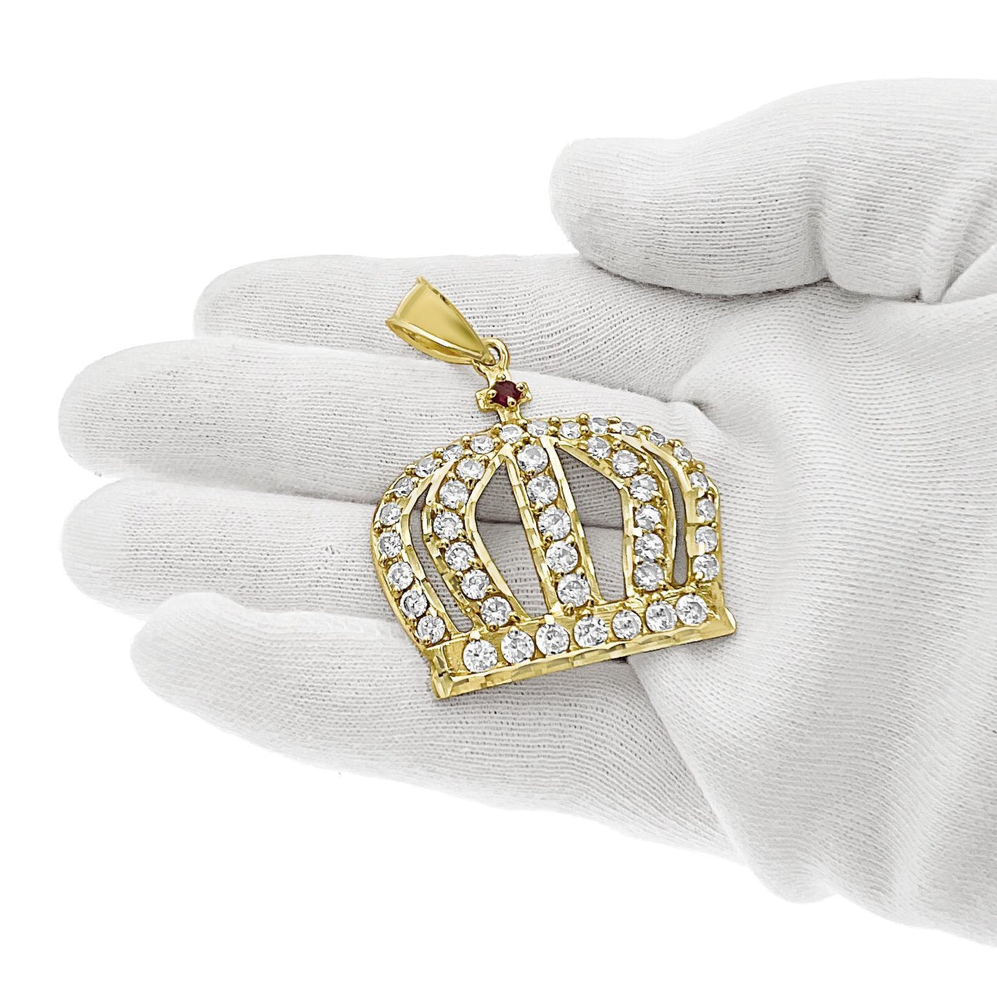Crown Pendant Mens Charm 10k Yellow Gold CZ 2 inch