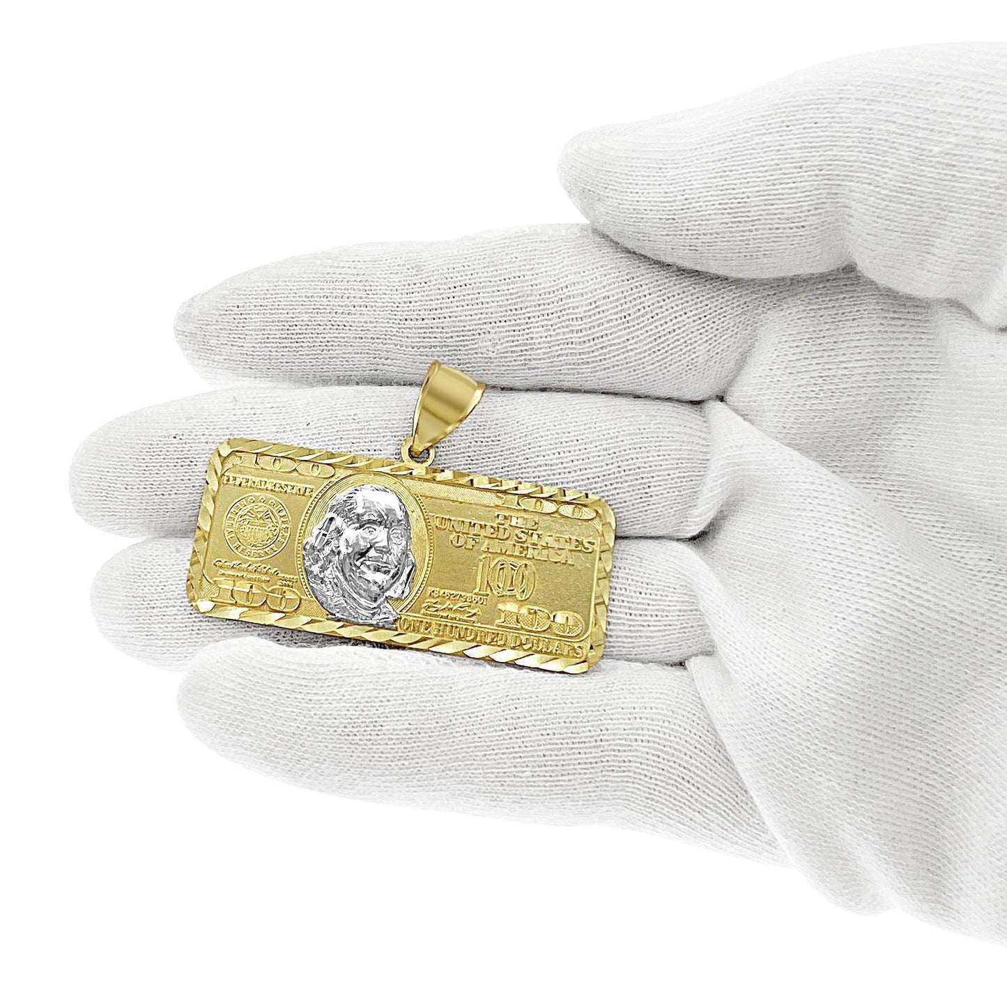 Money Bill $100 Dollar Pendant 10k Yellow Gold Mens Charm