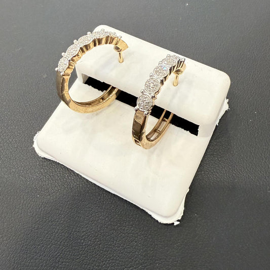 Diamond Round Cluster Hoop Earrings 10K Yellow Gold