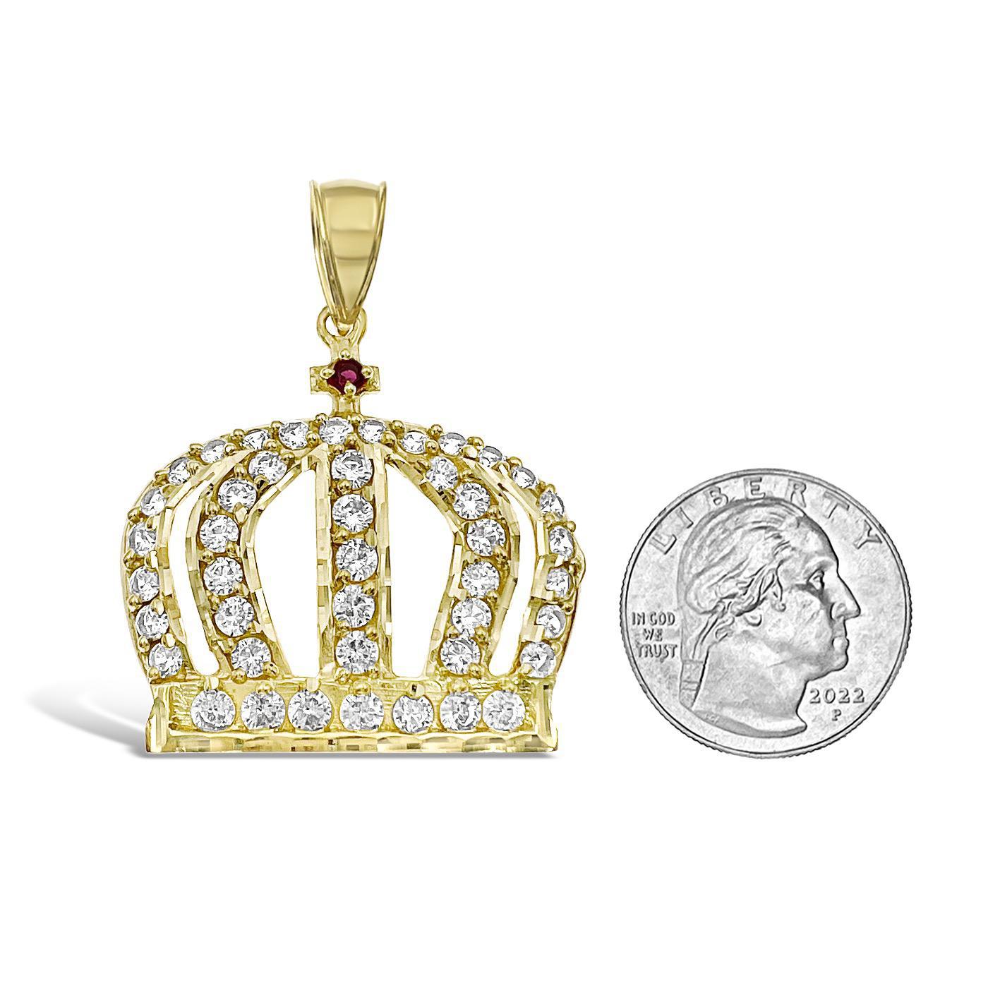 Crown Pendant Mens Charm 10k Yellow Gold CZ 2 inch