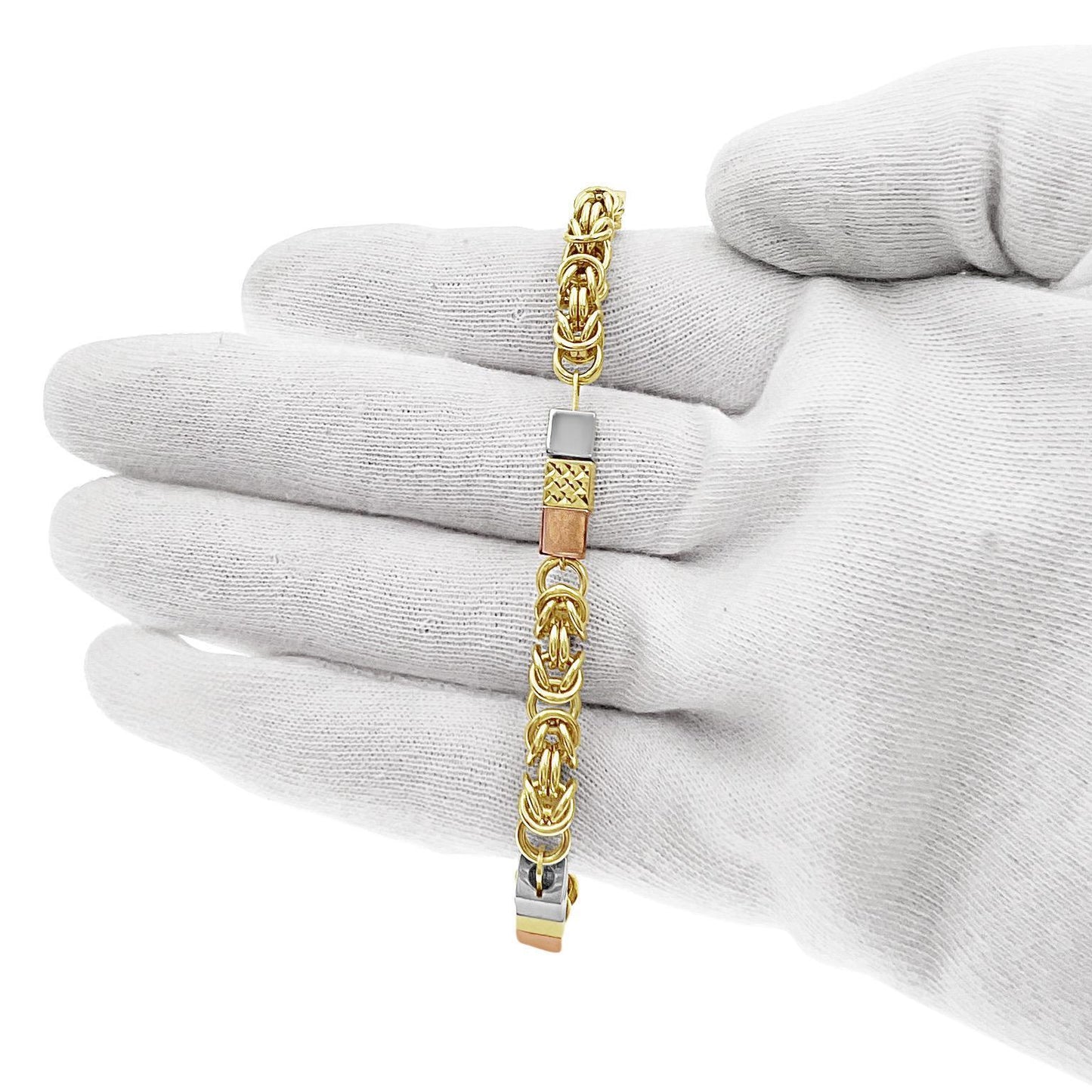 14k Yellow Gold Byzantine Link Square Charm Tri Color Bracelet 5mm