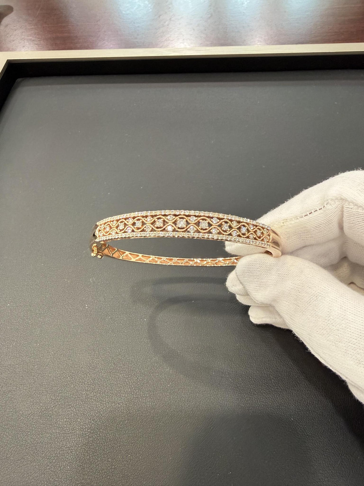 Diamond Vintage Filigree Hinged Bangle Bracelet 14K Rose Gold