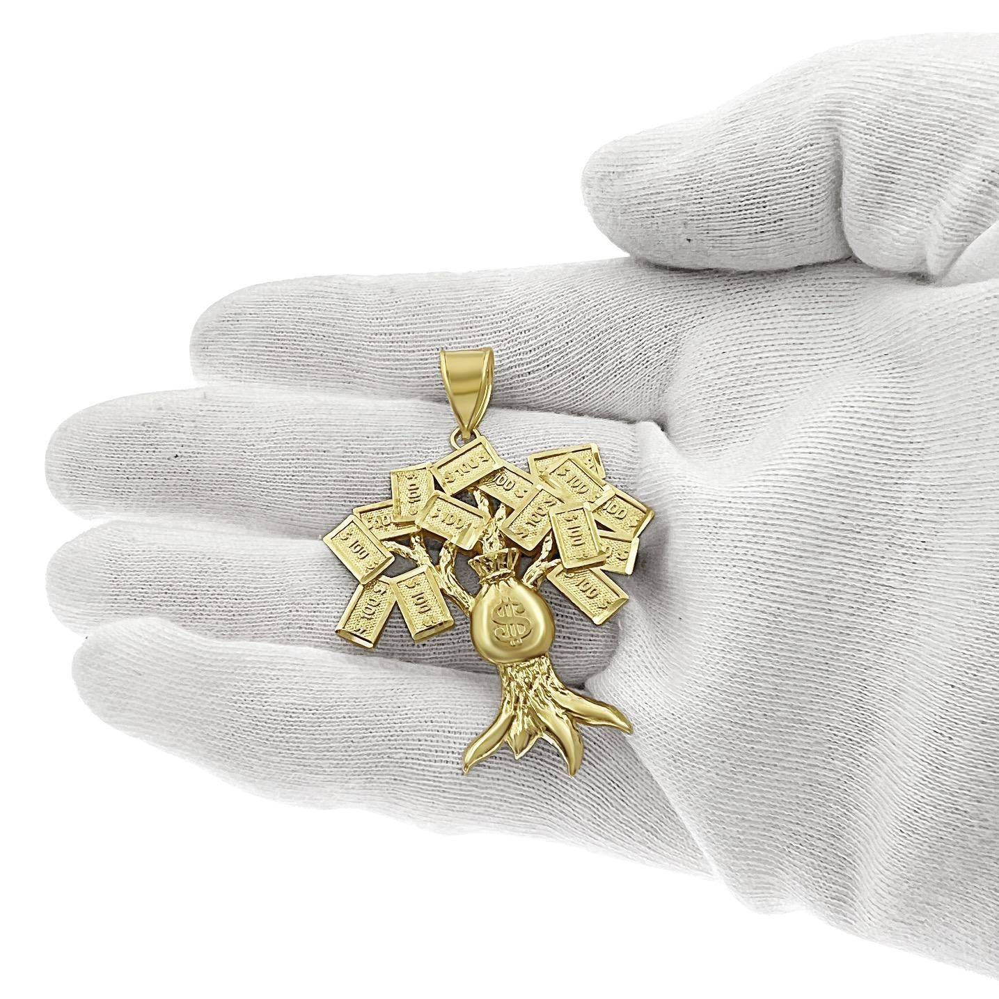 10k Yellow Gold Money Tree 100 Dollar Pendant Mens Charm 2.1 inch
