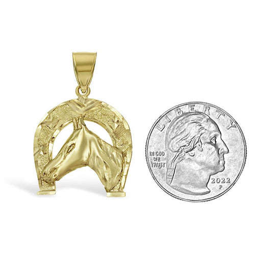 Lucky Horseshoe Horse Head Charm Pendant 10k Yellow Gold