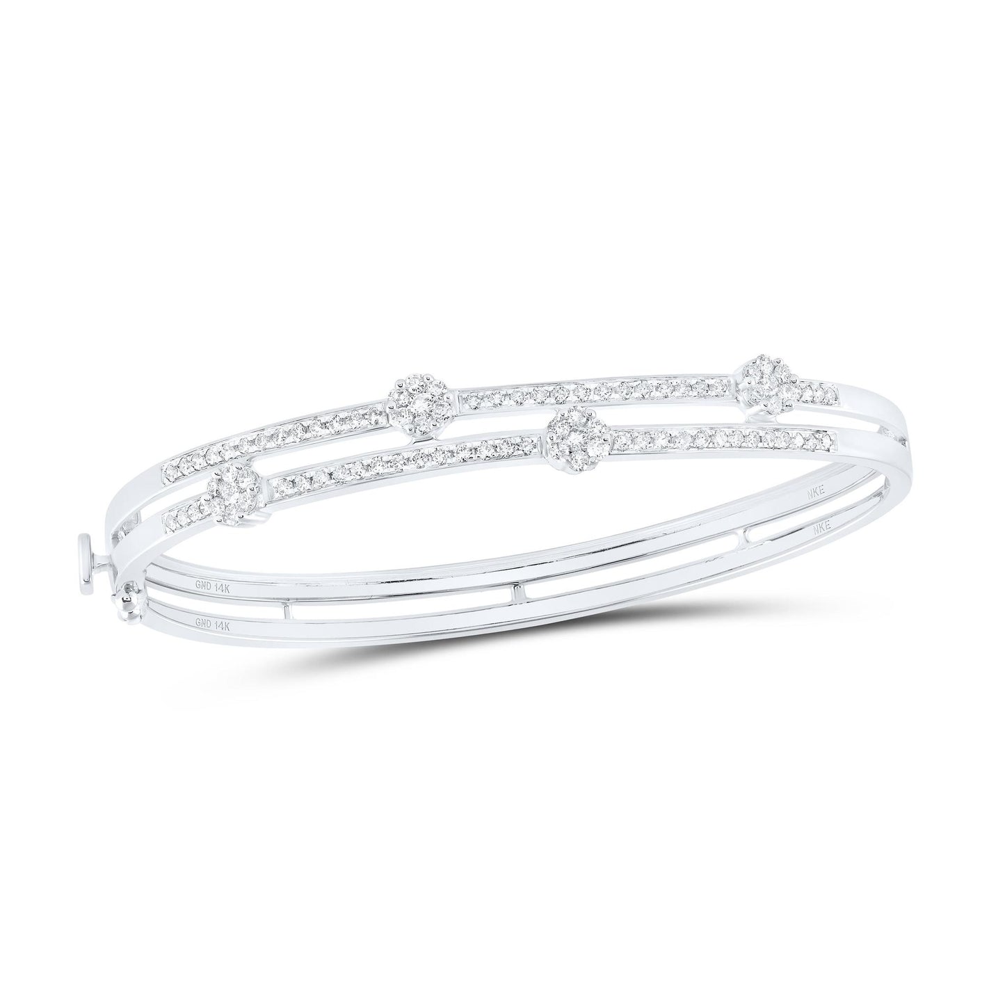 1 Cttw Round Diamond Flower Bangle Hinged Bracelet 14k White Gold