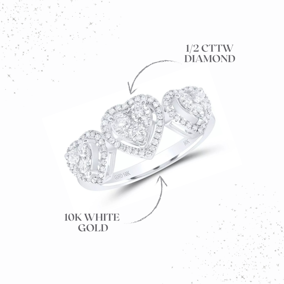 0.50ctw Round Diamond Three Hearts Band Ring 10k White Gold