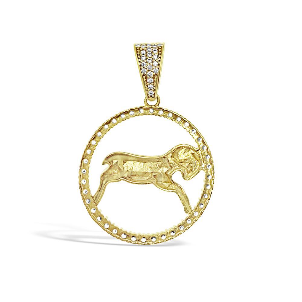 14k Yellow Gold Aries Pendant Zodiac Star Sign CZ Charm 1.5 inch