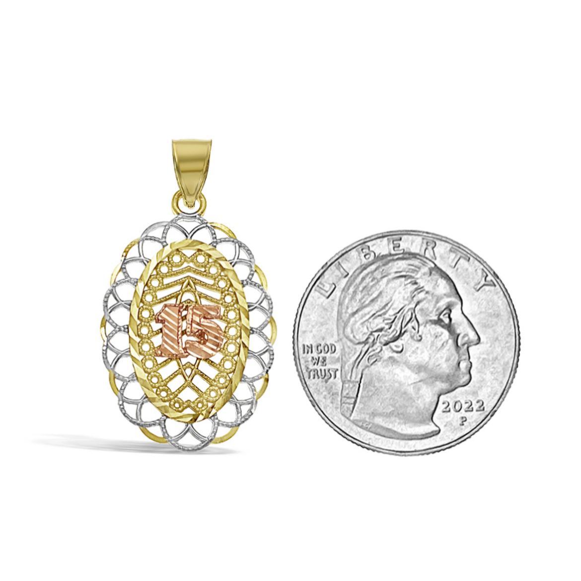 10k Gold Quinceanera 15 Anos Birthday Pendant Charm 1.3"