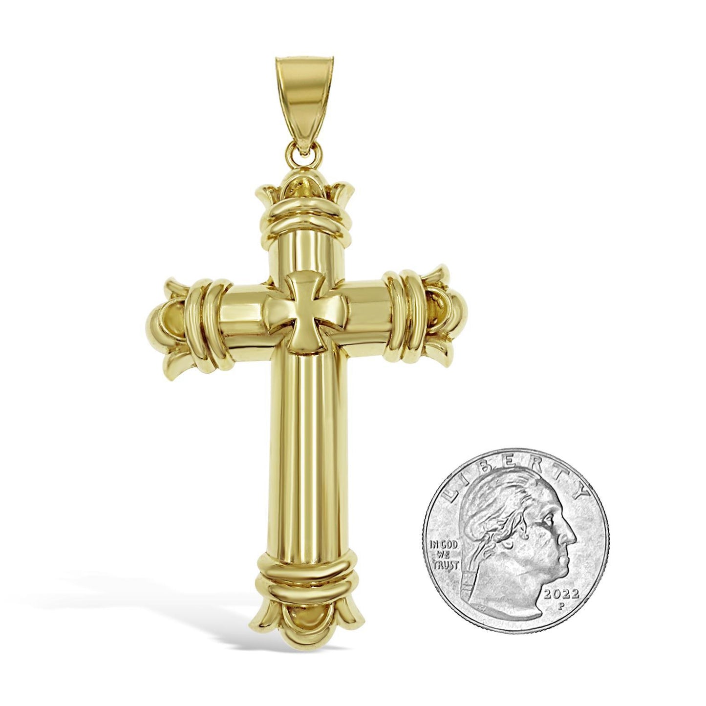 Large Cross Pendant Mens Charm 10k Yellow Gold 3.2 inch