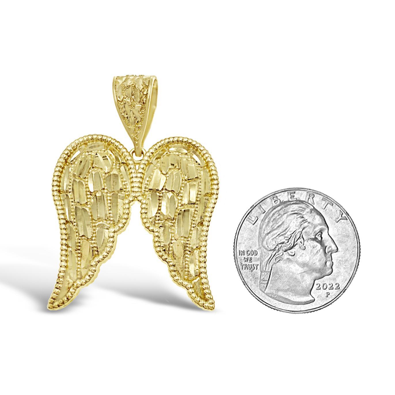 Wings Pendant Mens Charm 10k Yellow Gold Diamond Cut 1.7 inch