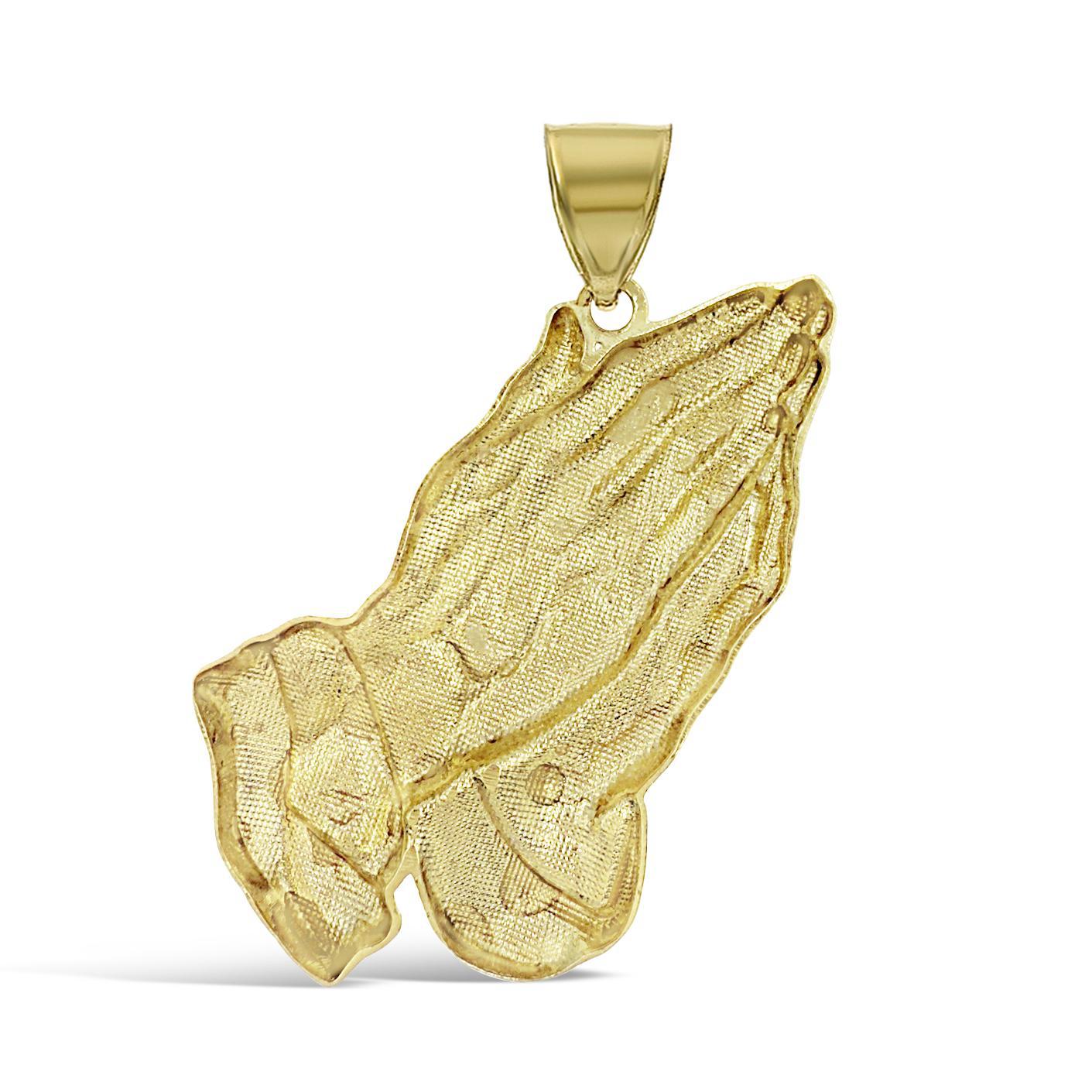 10K Yellow Gold Praying Hands Pendant Mens Charm 2.5 in
