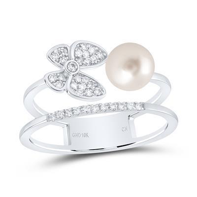 Natural Pearl 6mm & Diamond Butterfly Womens Ring 10k White Gold