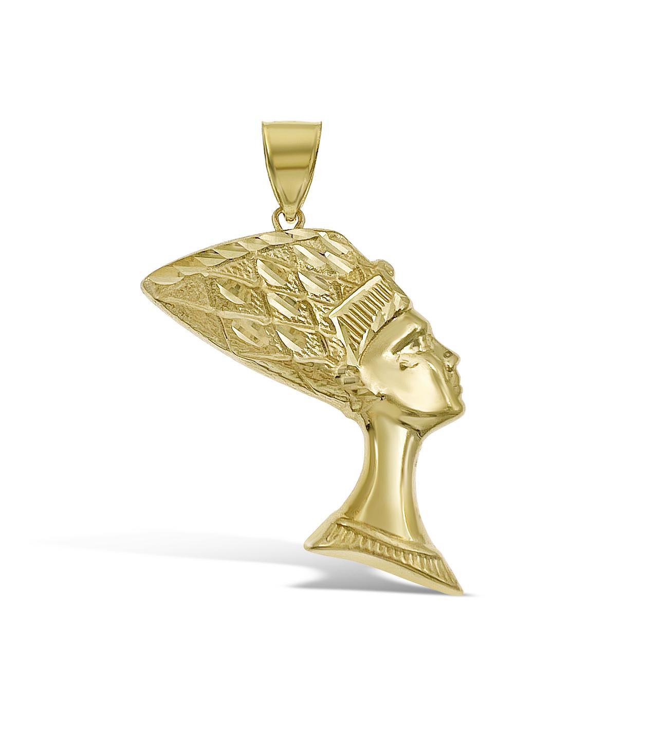 Egyptian Queen Nefertiti Pendant 10k Yellow Gold Mens Charm 2.1 inch