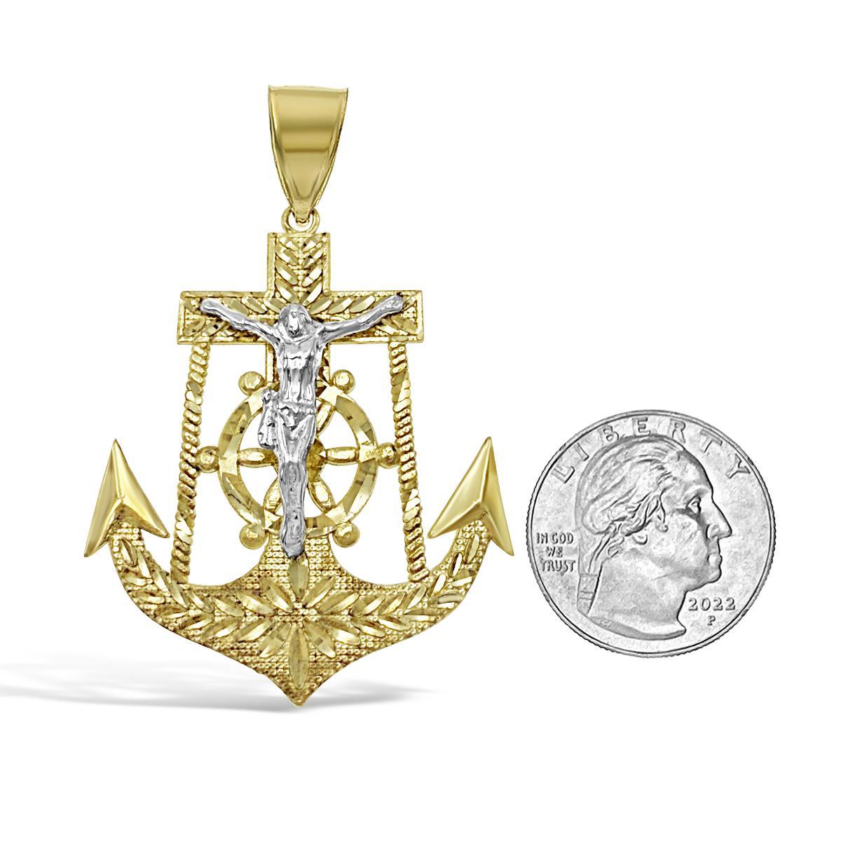 Anchor Jesus Crucifix Cross Mens Pendant 10k Yellow White Gold Charm 2.4 inch