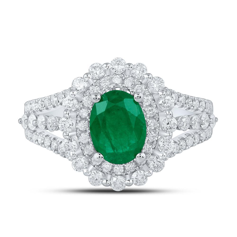 Natural Oval Emerald & Diamond Round Womens Ring 14k White Gold 1.87 Cttw
