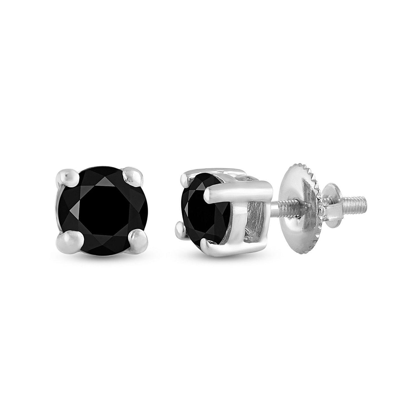 Round Black Color Diamond Solitaire Stud Earrings 10k White Gold Screw back