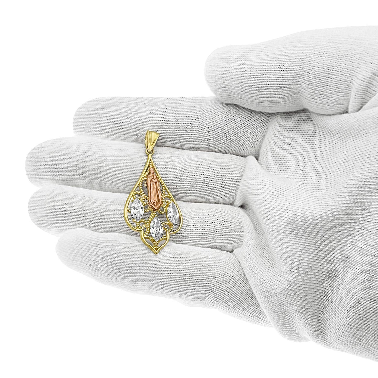 14k Gold Virgin Mary Guadalupe Pendant Charm CZ 1.7 inch