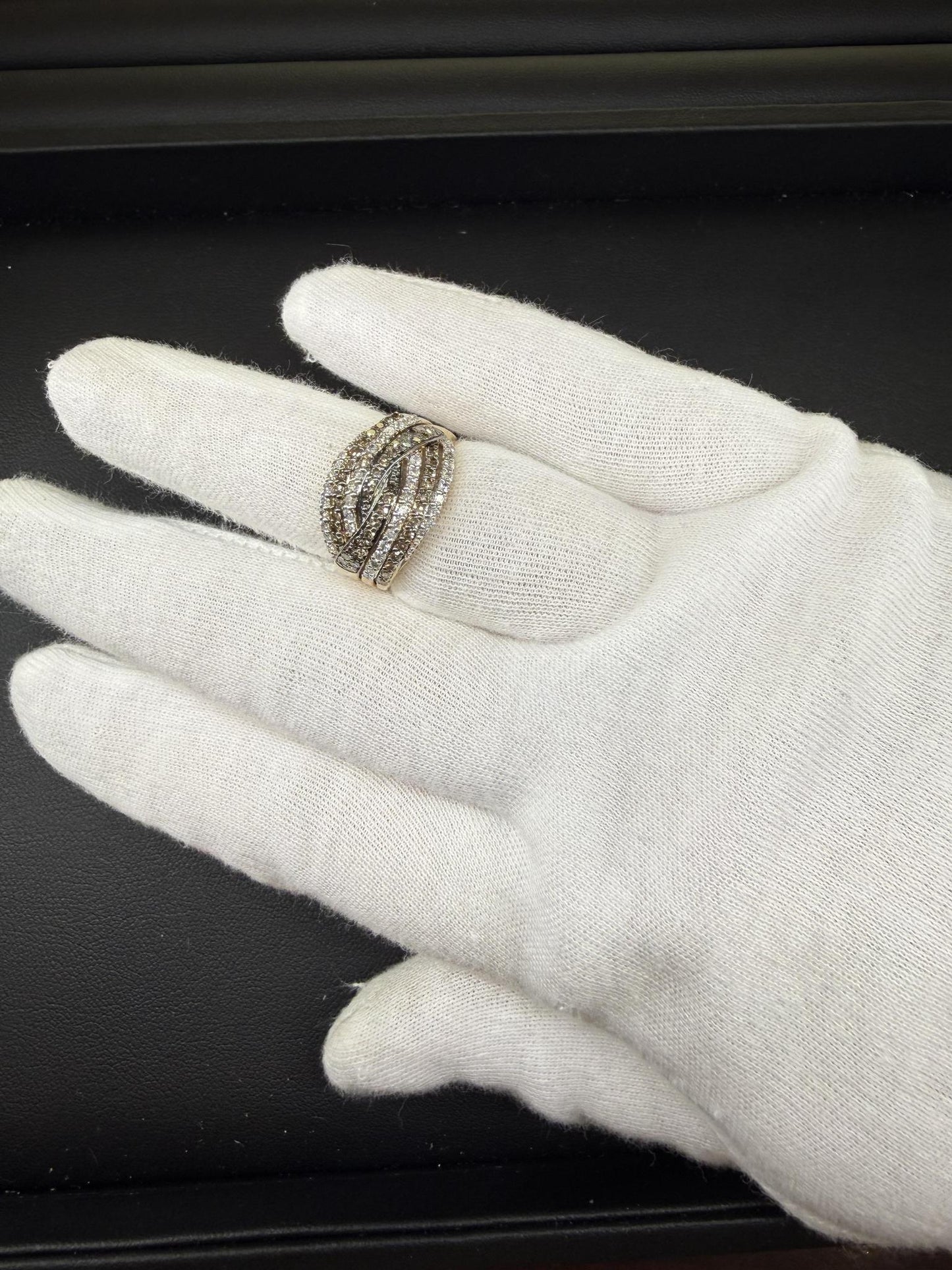 1ctw Diamond Multi Row Crossover Ring 10K Yellow Gold