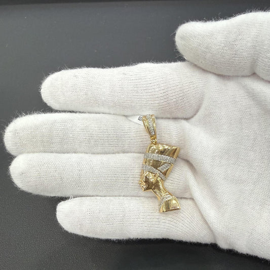 0.25ctw Diamond Egyptian Queen Nefertiti Mens Charm Pendant 10k Yellow Gold