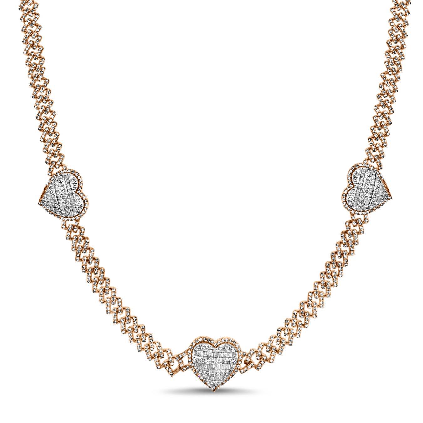 6.91 Cttw Diamond Baguette Hearts Necklace Iced Cuban Link 10k Rose Gold