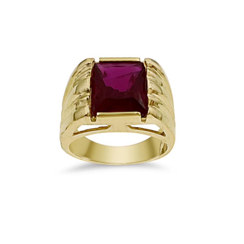 10k Yellow Gold Square Solitaire Simulated Ruby Men's Signet Pinky Ring