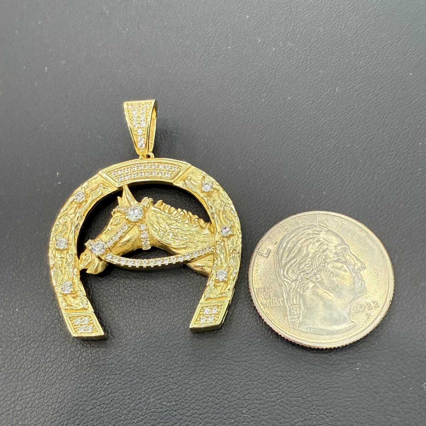 Horse Horseshoe Pendant 1.7" Gold‑Plated 925 Sterling Silver CZ Iced Bling Charm