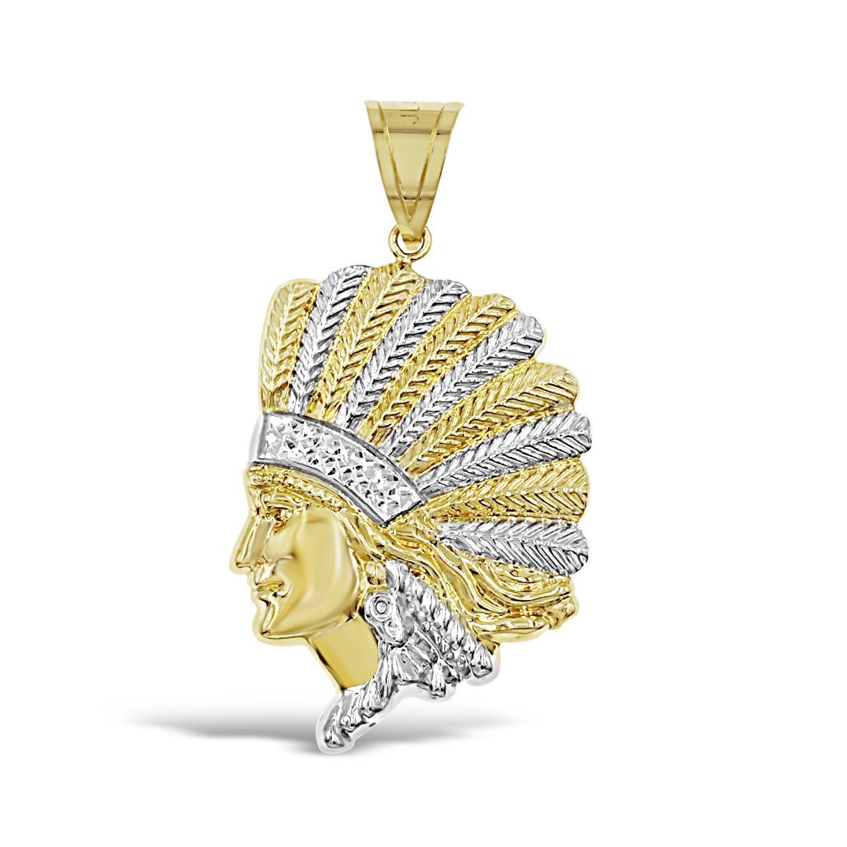 Native Indian Head Chief Pendant Mens Charm 10k Yellow Gold 2.2 inch