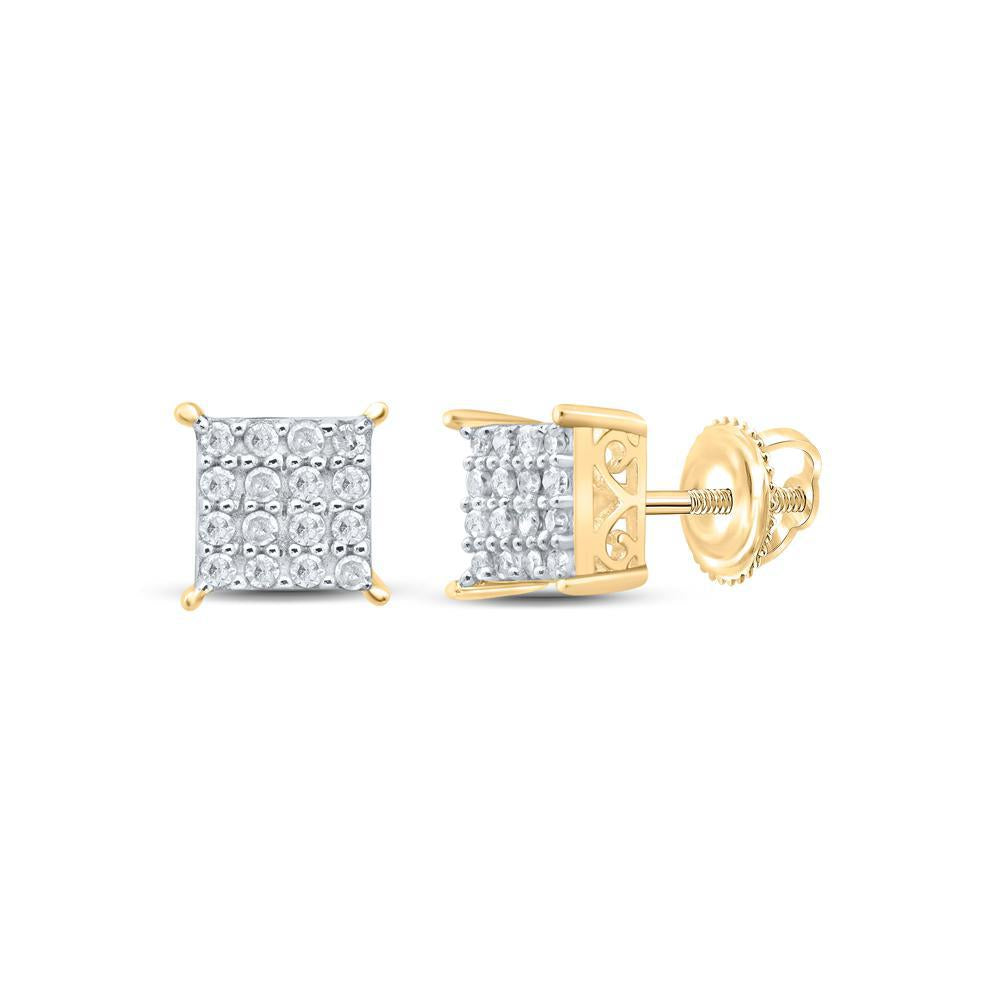 Diamond Square Stud Earrings 925 Sterling Silver Yellow tone Screw Back Mens