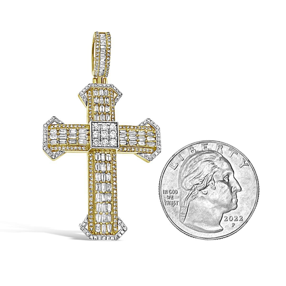 2.24 Cttw Baguette Diamond Cross Mens Pendant 10k Yellow Gold Charm 2 inch