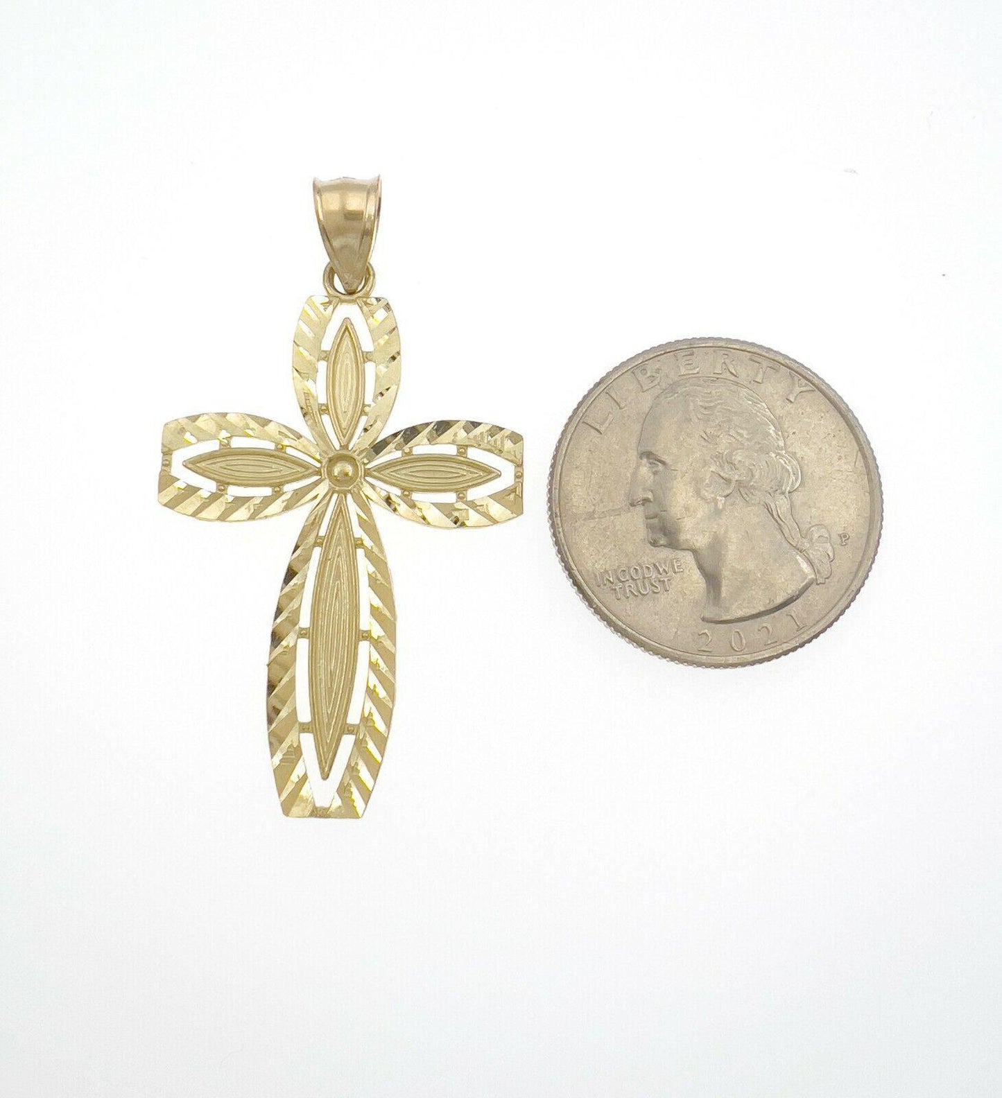 10k Yellow Gold Cross Pendant Charm Diamond Cut 1.9 inch