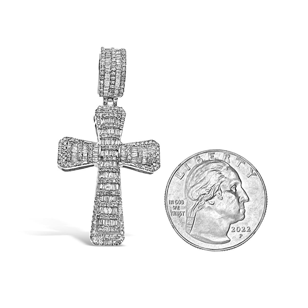 1.38 Cttw Baguette Round Diamond Cross Pendant Mens Charm 14k White Gold