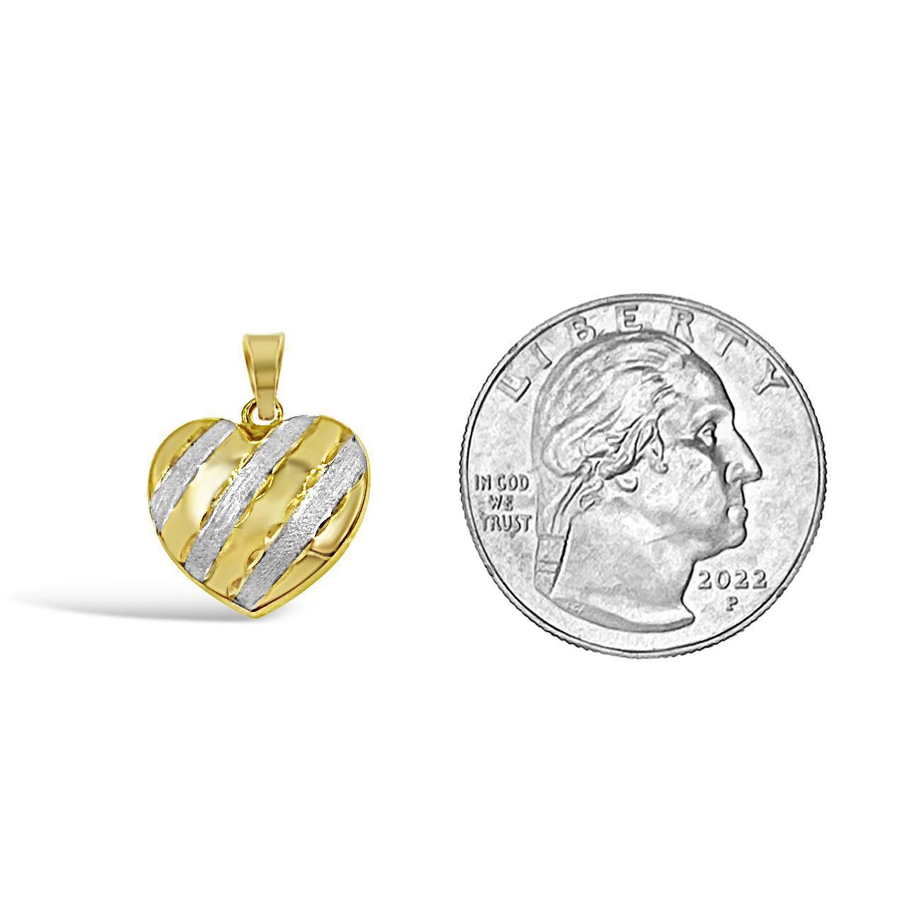 14k Gold Two-Tone Puff Heart Pendant Textured Striped Love Charm