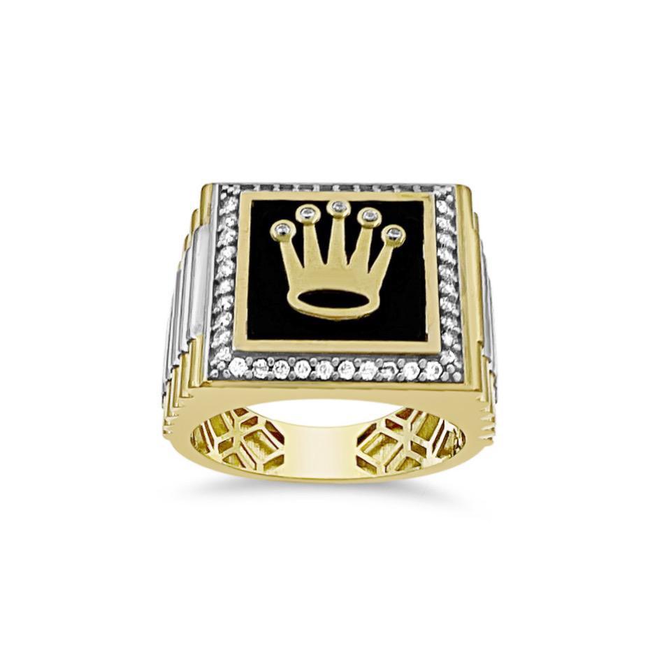 10k Two Tone Gold Mens Crown Signet Ring Black Enamel CZ